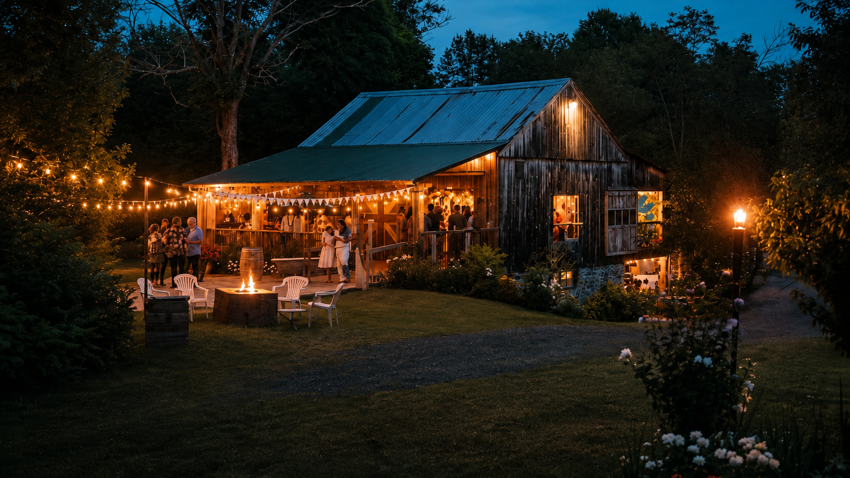Rustic barn at night with string lights and fire pit — Wild Little Roses Farm Dinner